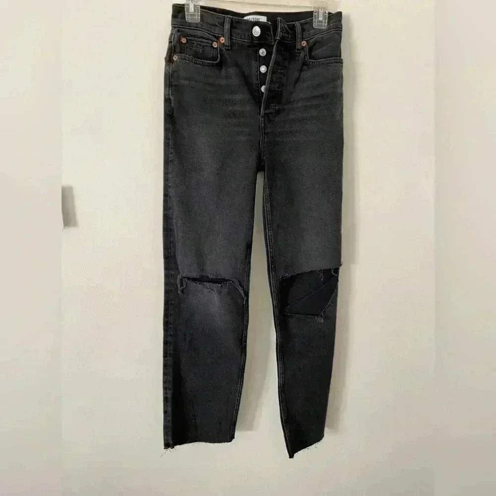 NEOT REDONE high waist straight leg ripped jeans in black size 26